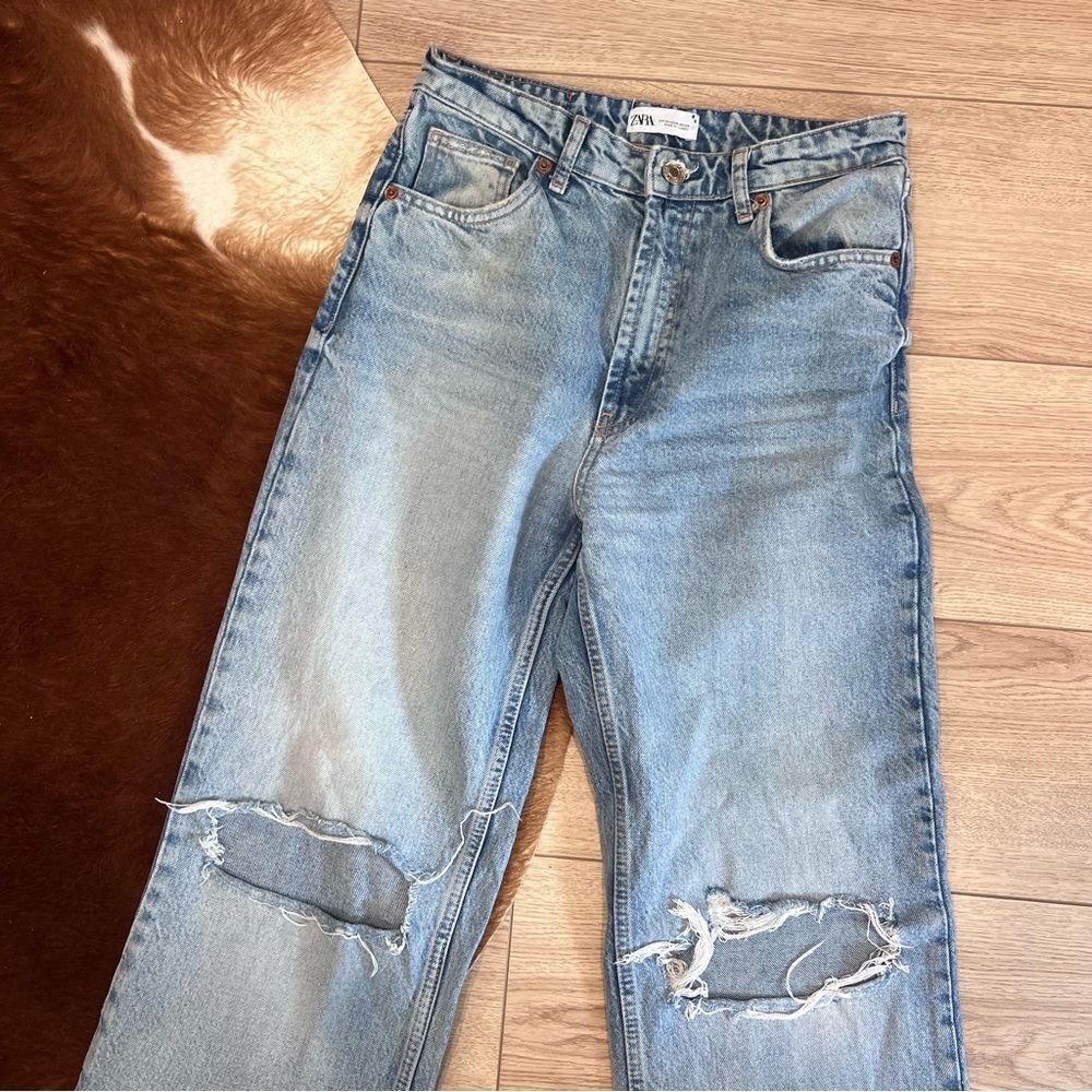 Zara Sky Blue Ripped Wide Leg Jeans